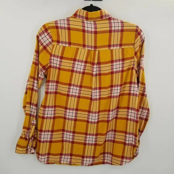 Old navy women medium plaid flannel button up shirt mustard yellow burgundy red - Picture 8 of 12